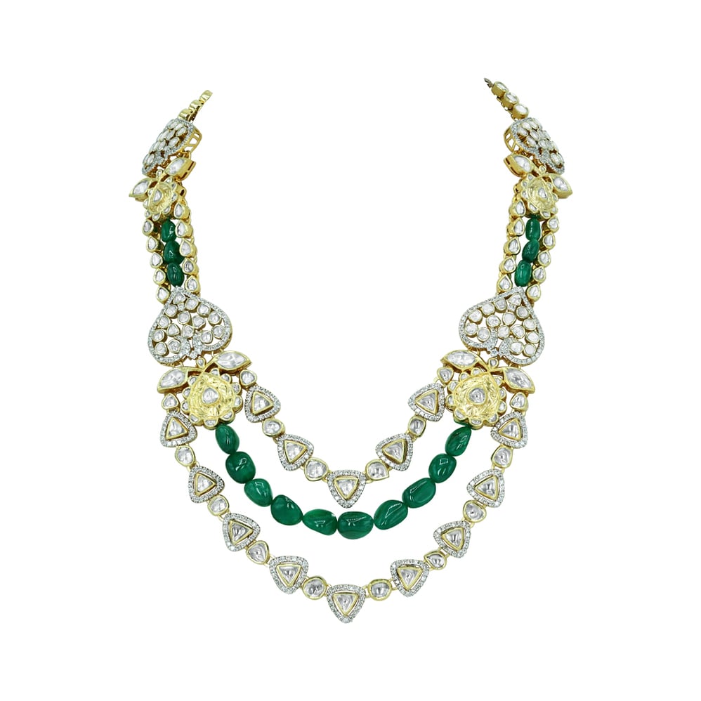 Layered Polki Necklace with Emerald Maniya and Floral Motifs